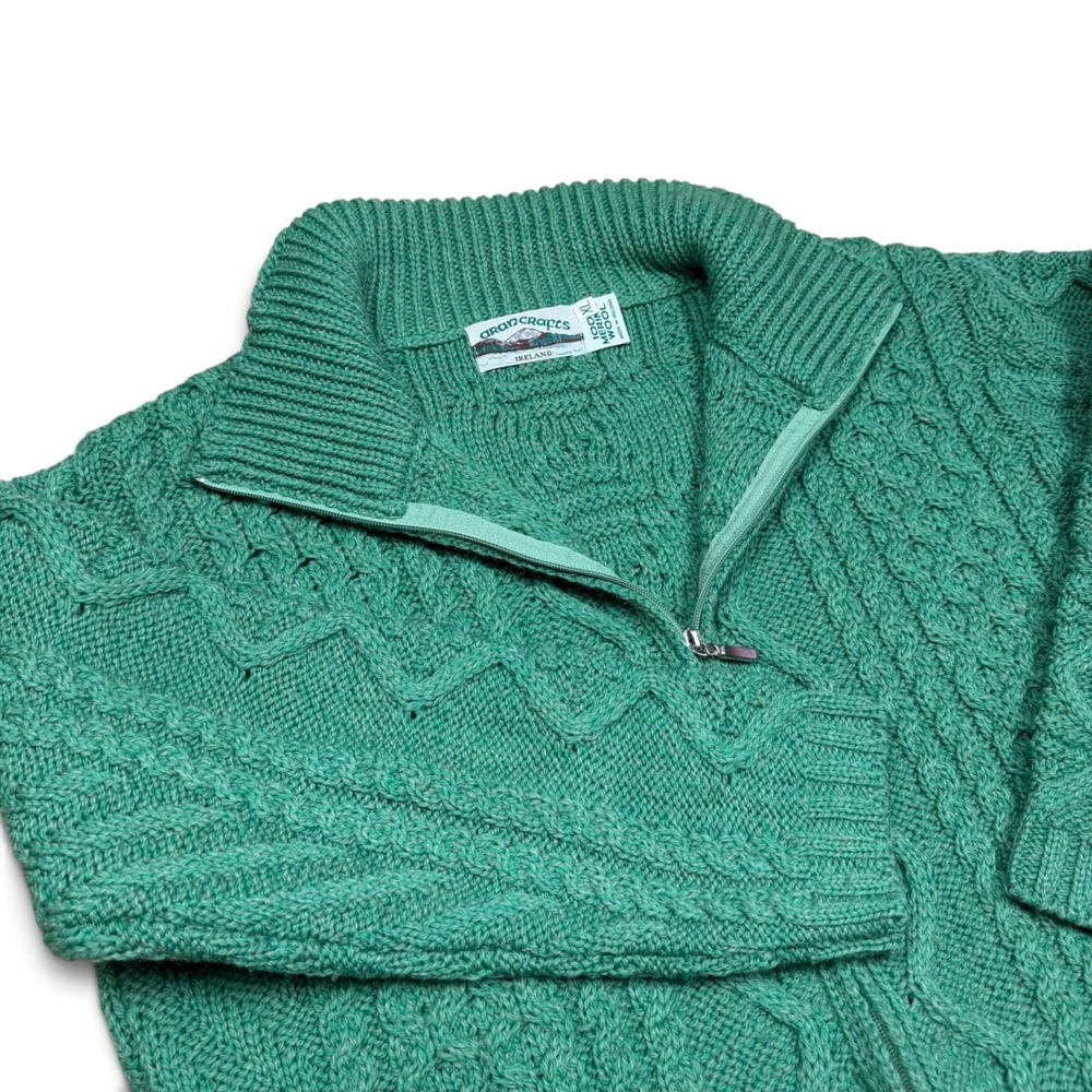 Aran Crafts Ireland 100% Merino Wool Cable Knit Full Zip Sweater Green XL Chunky